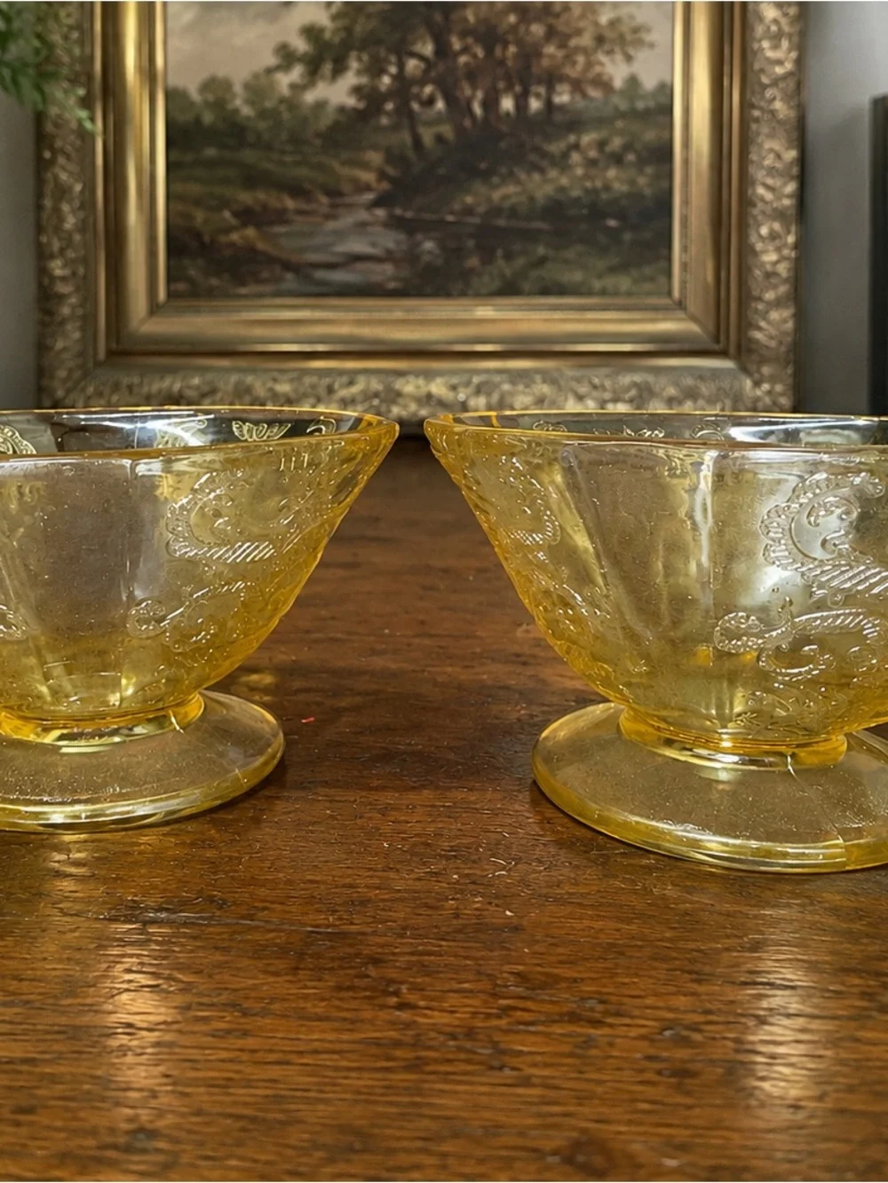 Vintage Amber Pressed Glass Footed Sherbet Dessert Bowls Set of 2 Floral Scroll
